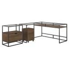 Bush Furniture Anthropology 60inW Glass Top L-Shaped Desk With File Cabinets, Rustic Brown Embossed, Standard Delivery