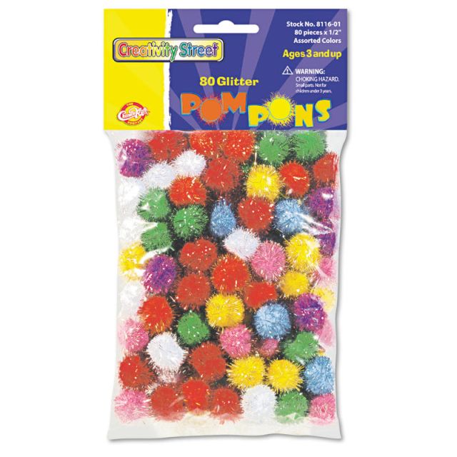 Chenille Kraft Creativity Street Glitter Pompons, 1/2in, Assorted Colors, Pack Of 80 (Min Order Qty 5) 811601