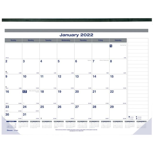 Blueline Net Zero Carbon Monthly Desk Calendar, 17in x 22in, January To December 2022, C177847 (Min Order Qty 6)