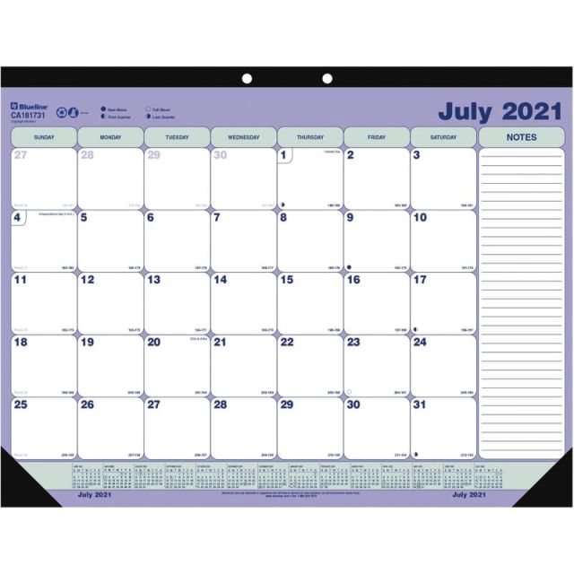 Blueline Academic 13-Month Monthly Desk Pad Calendar, 21-1/4in x 16in, 50% Recycled Content, FSC Certified, White/Blue, July 2021 To July 2022, CA181731 (Min Order Qty 3)