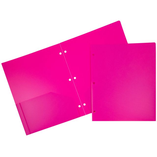 JAM Paper 3-Hole-Punched 2-Pocket Plastic Presentation Folders, 9in x 12in, Fuchsia Pink, Pack Of 6 (Min Order Qty 2) 383HHPFUB