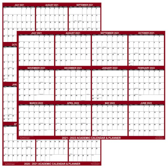 SwiftGlimpse Laminated Academic Wall Calendar, 24in x 36in, Burgundy, June 2021 To July 2022 (Min Order Qty 2)