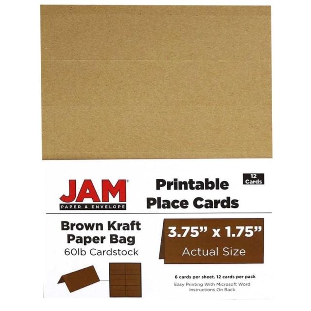 JAM Paper Foldover Place Cards, 3 3/4in x 1 3/4in, Brown Kraft, Pack of 12 (Min Order Qty 2)