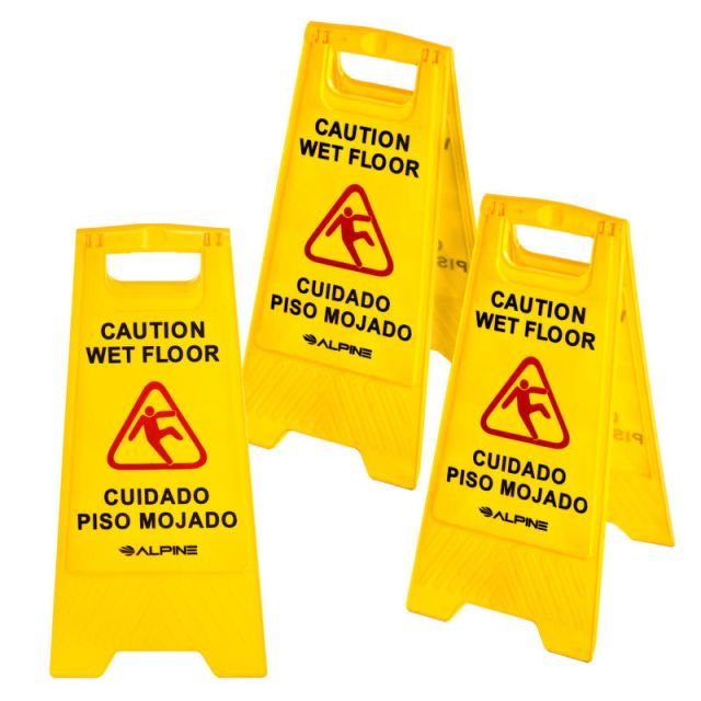 Alpine 2-Sided Multi-Lingual Caution Wet Floor Signs, 24in, Yellow, Pack Of 3 Signs (Min Order Qty 2) 499-3