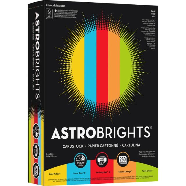 Astrobrights Inkjet, Laser Printable Multipurpose Card Stock - Assorted - 8 1/2in x 11in - 65 lb Basis Weight - Smooth - 5 / Carton 98751