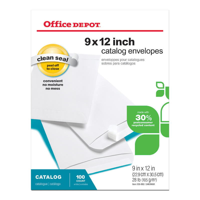 Office Depot Brand Catalog Envelopes, 9in x 12in, Clean Seal, 30% Recycled, White, Box Of 100 (Min Order Qty 5) MPN:330992