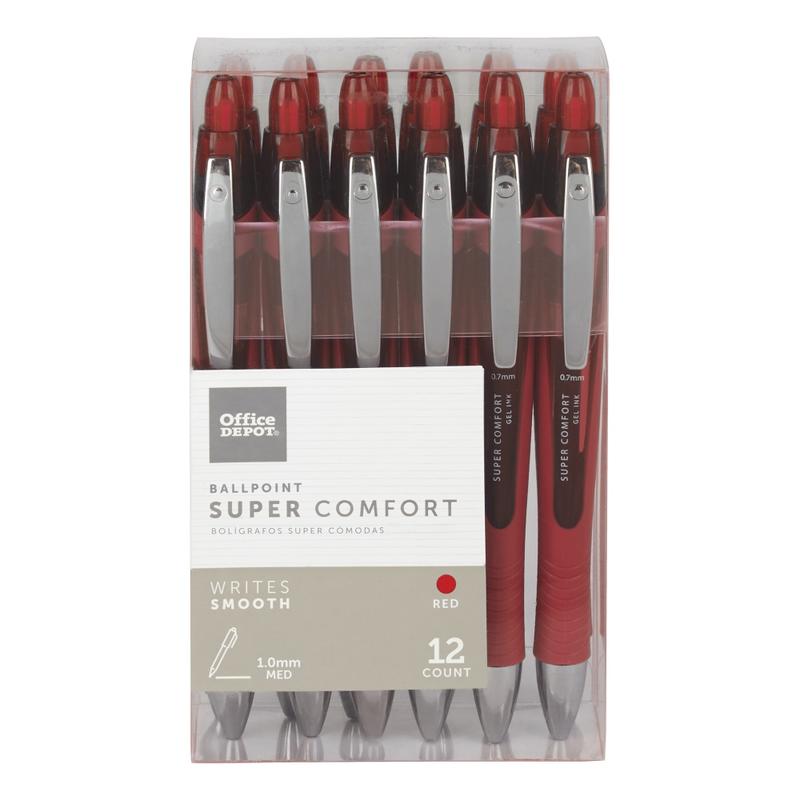 Office Depot Brand Super Comfort Grip Retractable Ballpoint Pens, Medium Point, 1.0 mm, Red Barrels, Red Ink, Pack Of 12 (Min Order Qty 12) MPN:AH534-12-R